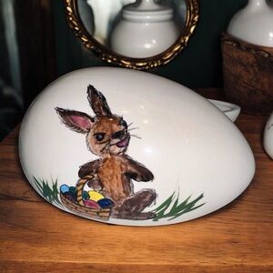 Unique Hand-Painted Ceramic Bunny Trinket Dish – Egg-Shaped Keepsake